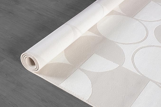 Beverly Rug Modern Geometric Area Rug 6x9 Low-High Pile Durable Soft Abstract Circular Indoor Rugs for Living Dining Room Office Stain Resistant Non Shedding Casual Indoor Carpet Beige White 6 x 9