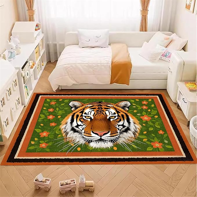 Tiger Print Rug,3x4ft,The Tiger is Surrounded by Orange and Green Floral Patterns. This Rug is Suitable for Boys and Girls' Bedrooms，Anti-Slip Carpet Suitable for Living Room Bedroom Home Decoration