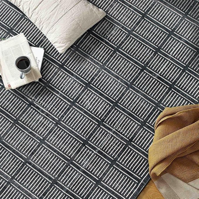Rugshop Bohemian Stripe Lines Washable Non Slip Area Rug 3' x 5' Black