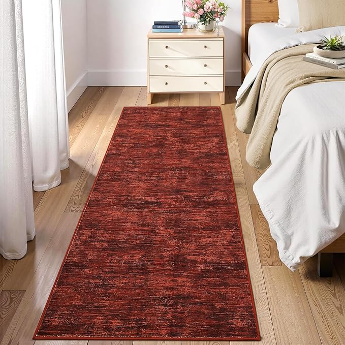 RUGSREAL Modern Runner Rug 2.5x8 Stain Resistant Washable Kitchen Runner Carpet with Rubber Backing Low Pile Contemporary Solid Color Entryway Mat Ultra Soft Rug for Living Room Bedroom, Red