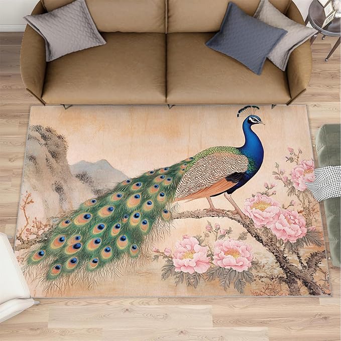 Peacock Peony Area Rug 4x5-4x5 Rug, Classic Peacock Peony Rugs for Living Room, Floral Animal Carpet, Peafowl Feather Washable Area Rugs for Bedroom, Aesthetics Carpet - Peafowl Home Decor & Gifts