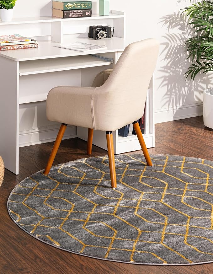 Unique Loom Glam Collection Area Rug - Trellis (3' 3" Round, Gray Gold/ Gold)