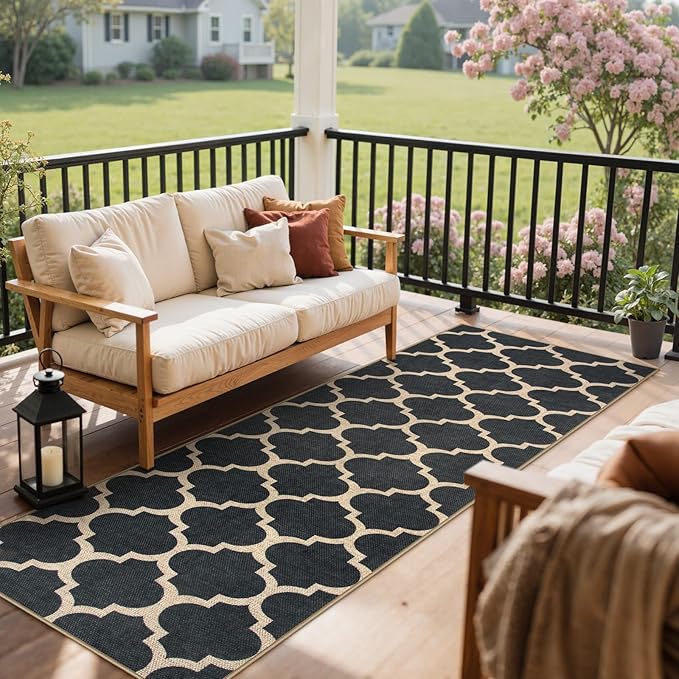 Lahome Moroccan Easy Jute Runner Rug, Black Washable Runner Rugs for Outdoor Porch Hallway, Geometric Trellis Woven Long Carpet for Doorway, Thin Non Slip Outdoor Decor, 2'6'' x 8'