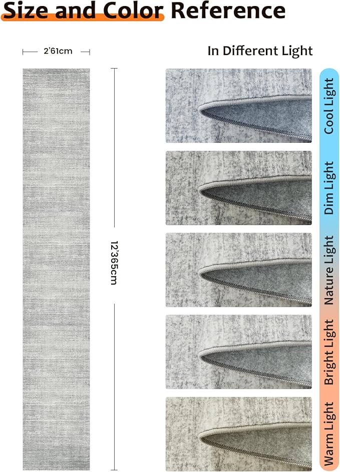 Art&Tuft Non-Slip Runner Rug - 2x12 Runner Rug Washable Low-Pile Rugs Runners, Soft Distressed Carpet Runner for Bedroom Bathroom Kitchen Laundry Living Room, Grey