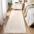 Washable Runner Rug 2x10 Modern Bordered Hallway Runner Rug Non Slip Kitchen Throw Carpet Checkered Bathroom Entryway Runner Rugs Low Pile Solid Area Rugs for Living Room Bedroom Nursery Sink, Beige