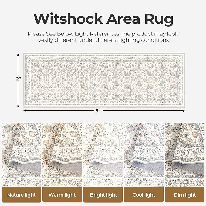 WITSHOCK 2x6 Runner Rugs for Hallways,Vintage Neutral Hallway Rugs for Entryway,Soft Distressed Boho Floral Carpet for Kitchen Bedroom (Camel/Beige,2x6)