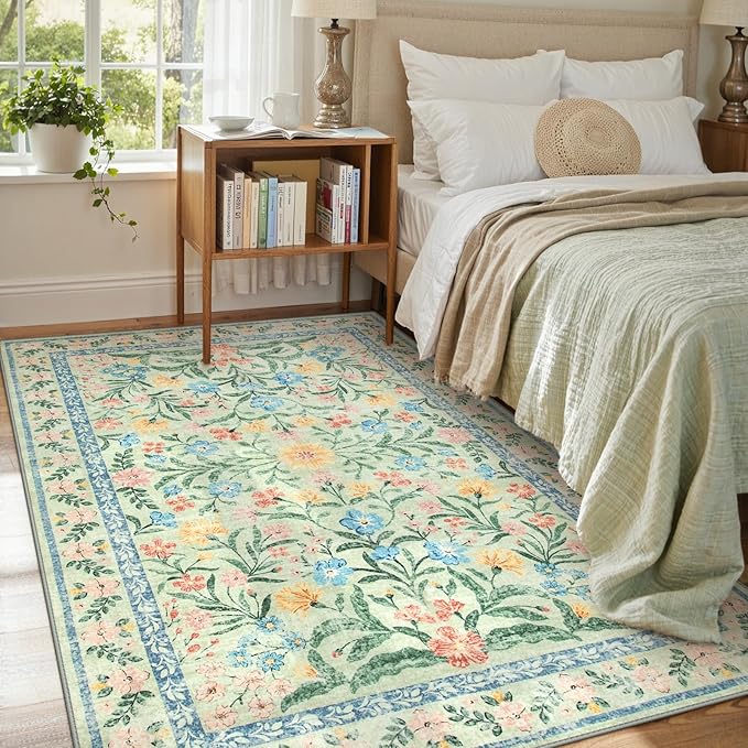 Lahome Sage Green 6x9 Bedroom Rugs, Boho Washable Rugs for Living Room, Soft Wool Carpet for Nursery, Vintage Low Pile Carpet for Kids Playroom Girls, Tea Green