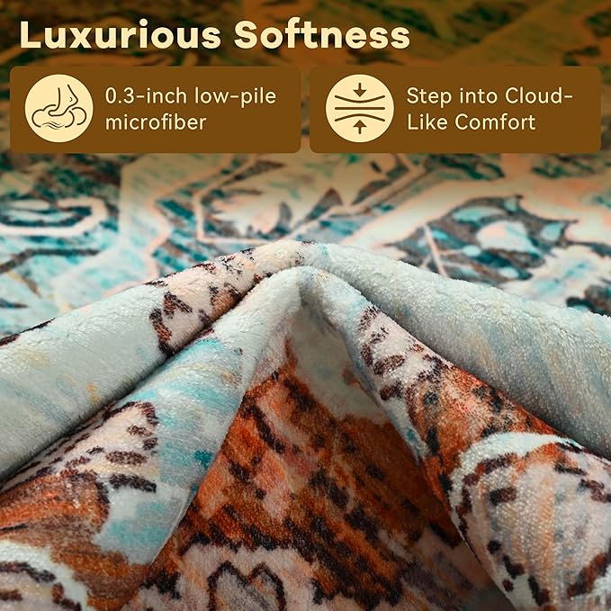 YJ.GWL Area Rugs for Living Room 6x9 Machine Washable Rugs, Non Slip Floral Vintage Rug Indoor Carpet, Stain Resistant Large Rug for Bedroom Dining Room, Copper Tan