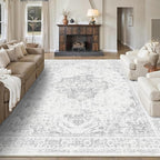 8x10 Vintage Washable Area Rugs Boho Medallion Large Distressed Retro Accent Carpet Floral Non-Slip Soft Low Pile Indoor Throw Rug for Living Room Bedroom Dining Room Office Kitchen, Gray
