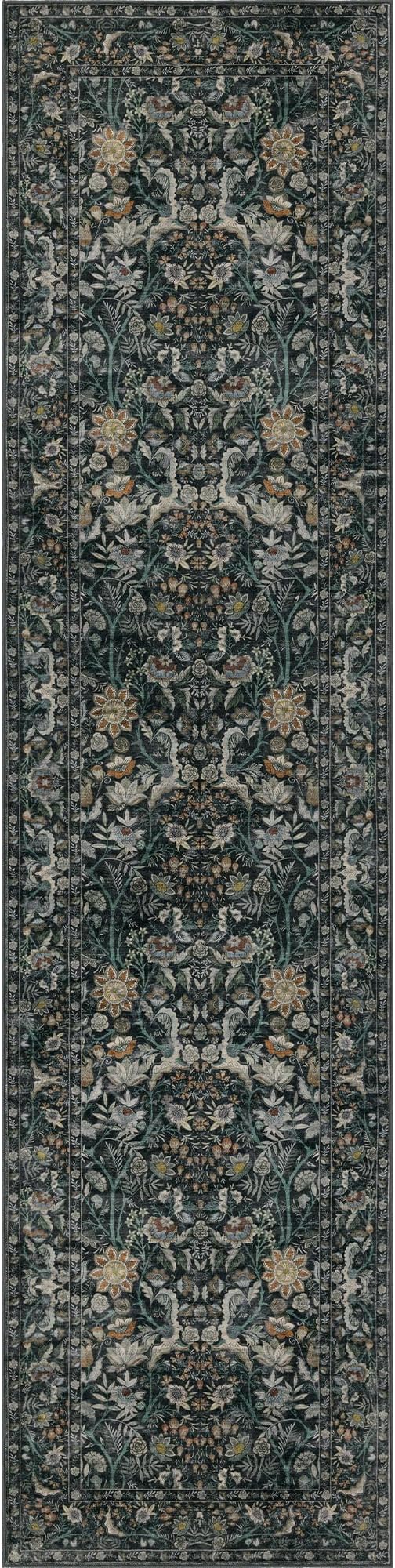 Washable Runner Rug 2x8: Vintage Boho Floral Carpet Runners for Hallway Entryway Non-Slip - Soft Botanical Low Pile Thin Mat for Kitchen Bathroom Bedroom Laundry Floor Decor - Dark Green