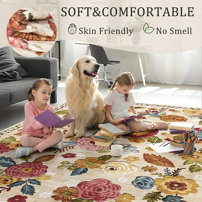 4ft Round Machine Washable Area Rug for Living Room, Beige Vintage Boho Floral Rug Large Non-Slip Low Pile Soft Faux Wool Carpet, Kids and Pets Friendly for Bedroom Nursery Farmhouse Home Decor Rug