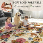 4x6 Machine Washable Area Rug for Living Room, Beige Vintage Boho Floral Rug Large Non-Slip Low Pile Soft Faux Wool Carpet, Kids and Pets Friendly for Bedroom Dining Room Farmhouse Home Decor Rug