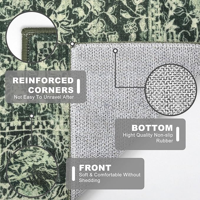 KILOCOCO Moroccan Small Area Rug 2x3 Entryway Rugs Printed Vintage Floral Washable Rug Non-Slip Kitchen Rug Indoor Door Mat, Accent Throw Small Rugs for Laundry Room Bedroom Entrance, Green