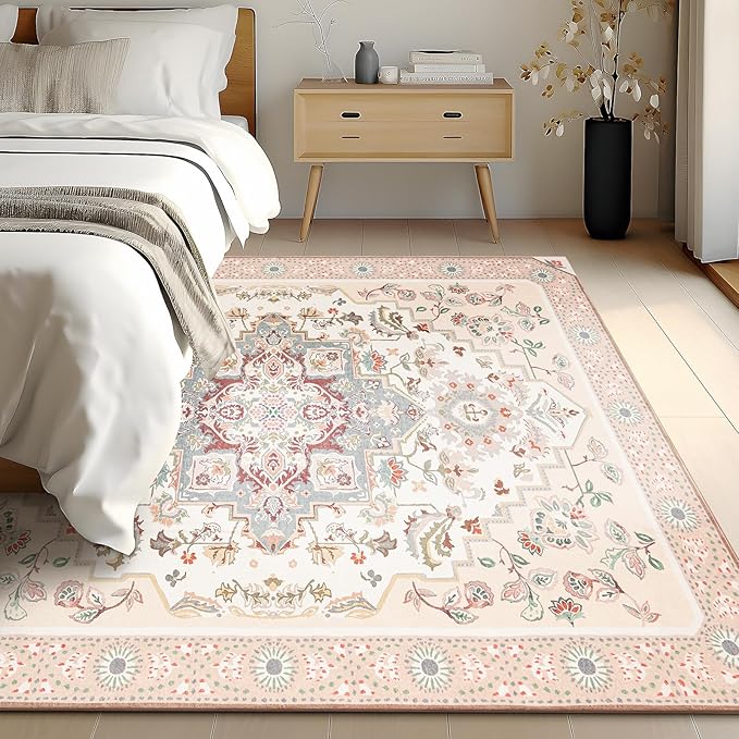 Phantoscope Washable Area Rug 9'x12' Non-Slip, Vintage Boho Rugs for Living Room, Bedroom, Dining Room, Persian Floral Medallion Pattern, Low-Pile Foldable Floor Carpet, Ivory Rose/Fall Bloom