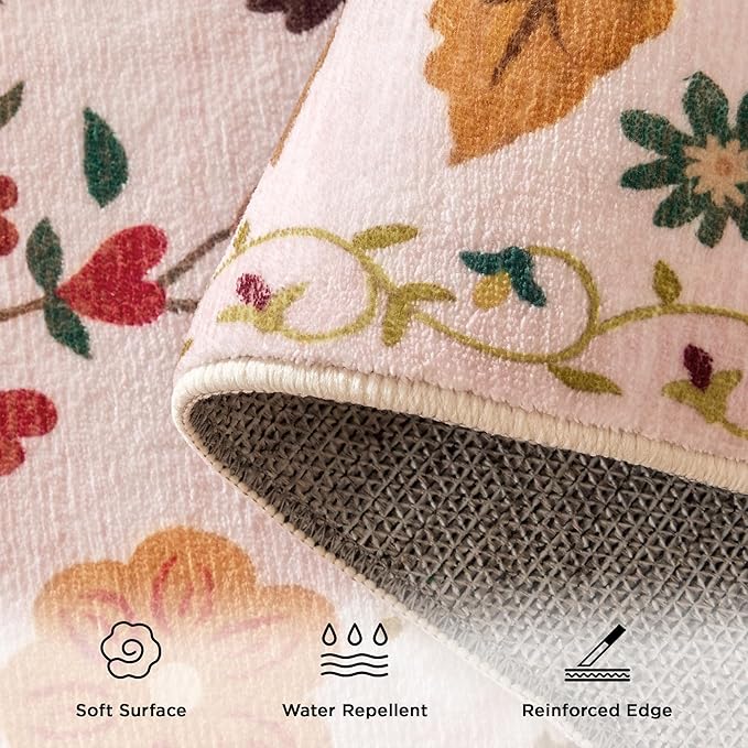 Living Room Rug 8x10 Rug Machine Washable Boho Area Rug Non Slip Floral Vintage Low Pile Large Rugs for Living Room, Bedroom, Farmhouse, Dining Room (Beige)