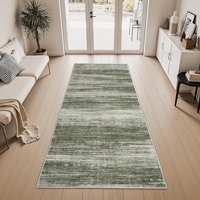 PADOOR Modern Abstract Runner Rug - 2x10 Washable Hallway Rugs, Ultra Soft Non-Slip Low Pile Floor Rugs for Hallway Entryway Kitchen Bedroom Bedside Laundry Room Green