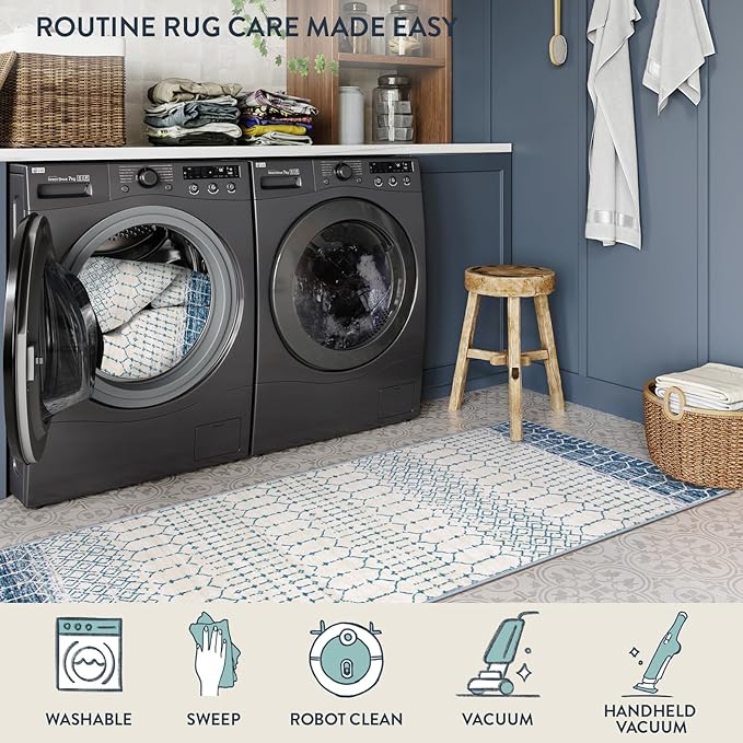 Lahome Runner Rug 2x8 Hallway Rug Runner Washable Non-Slip Kitchen Carpet Untra- Thin Throw Blue Mat, Moroccan Geometric Print Indoor Floor Mat for Entryway Laundry Bedroom