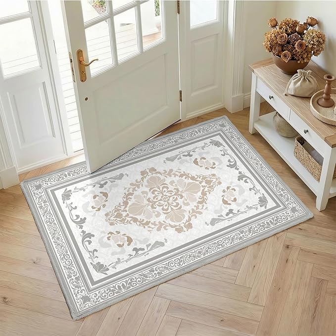 SOULFUL Medium Pile 2x3 Entryway Rug - Soft Foot Feel Small Area Rug - Light Taupe Boho Floral - Washable Non-Slip - Perfect for Hallway Kitchen Bedroom Bathroom Indoor Entrance