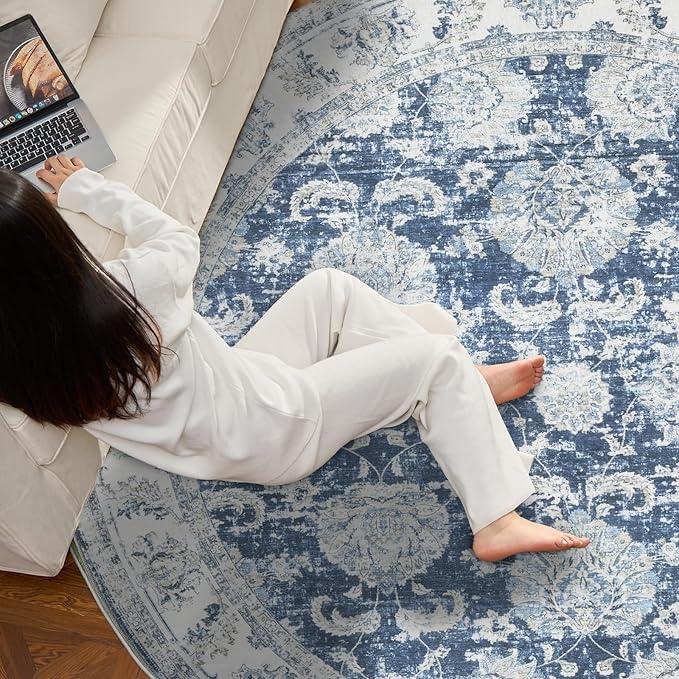 jinchan Fiora Round Rug 5ft Area Rug - Indoor Vintage Hallway Circle 5' Washable - Ultra-Thin Low Pile Soft Small Non Slip Distressed Floral Print for Living Room Bedroom Entryway Dark Blue
