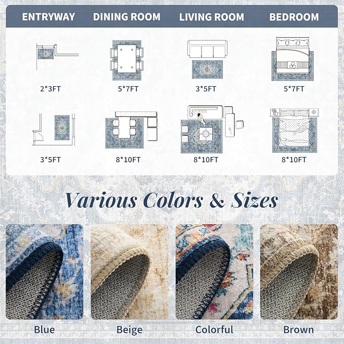 tchdio 2x3 Entryway Rug, Non Slip Front Door Mat Small Washable Rugs, Soft Low Pile Small Area Rug Vintage Doormat, Stain Resistant Rug for Entrance, Kitchen (Blue, 2'x3')