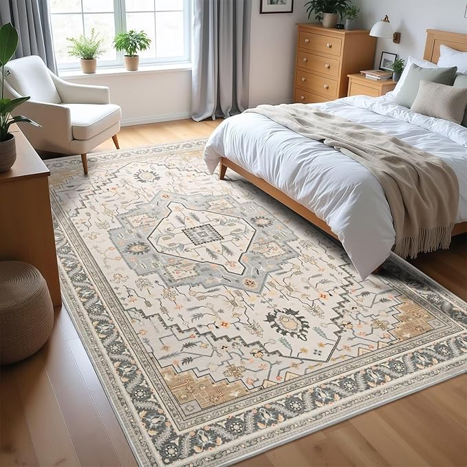 3x5 Grey Beige Area Rug for Living Room, Machine Washable Rugs with Non-Slip Backing for Bedroom, Vintage Medallion Carpet Kitchen Laundry Kids Room Decor