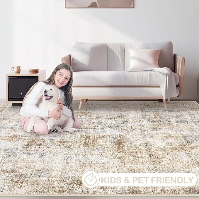 Area Rugs 5x7 Living Room: Washable Rug Modern Abstract Rugs Soft Non Slip Neutral Rug Stain Resistant Indoor Carpet for Bedroom Kitchen Dining Room Nursery Home Office Rugs(Blue Brown,5'x7')