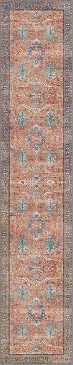Bavni Bedroom Rug Runners for Hallways, Washable Runner Rug 2x10, Low Pile Non-Slip Indoor Throw Carpet for Bedroom Laundry Room, Terracotta/Blue