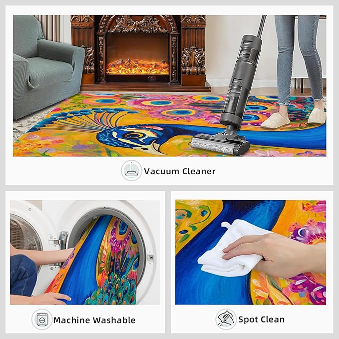 Peacock Rugs for Living Room - 4x6 Rug, Boho Floral Botanical Area Rugs for Bedroom, Wonderful Peacock Rug, Peafowl Washable Carpet, Floral Animal Carpet - Peafowl Home Decor & Gifts