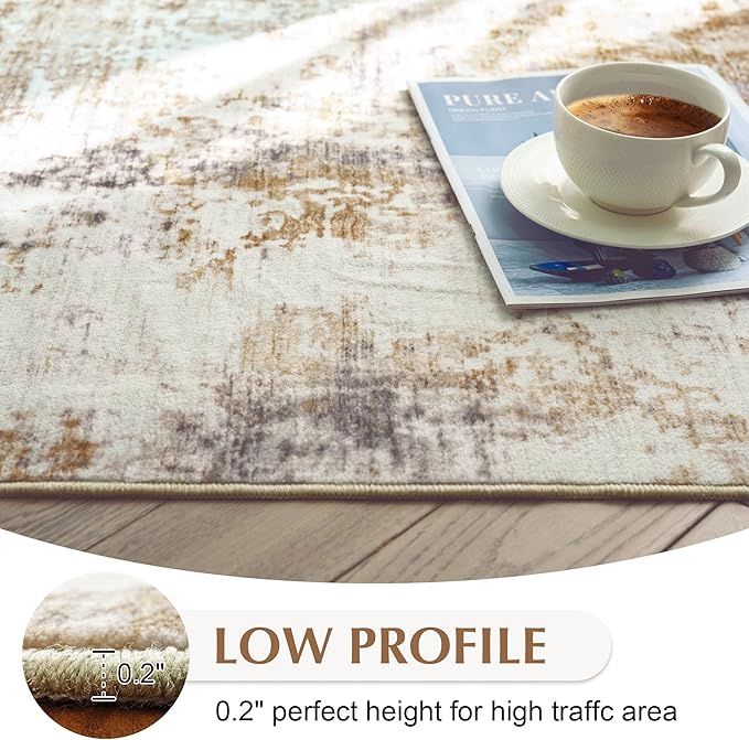 FMFUNCTEX 6x9 Washable Area Rug Brown Grey Neutral Abstract Modern Large Non Slip Carpet for Living Room Bedroom Soft Low Pile Indoor Mat Accent Throw Rug for Dining Kitchen Office Nursery, Grey Gold