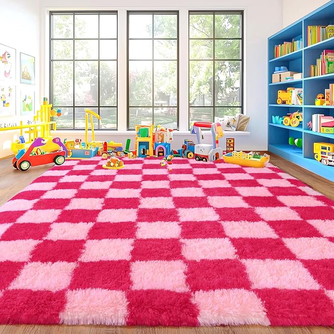 Area Rugs for Living Room, Soft Shaggy Carpets for Living Room, Fuzzy Rugs for Kids' Room, Perfect Decor for Modern Home Hot Pink Grid 5x7 Feet