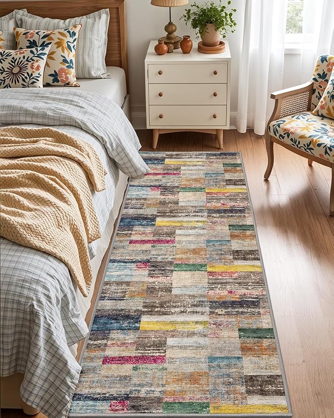 LUMI Washable Runner Rug, 3'x7' Non-Slip Hallway Mat, Low Profile Thin Long Carpeet for Laundry Kitchen Bedroom Office, Multicolor