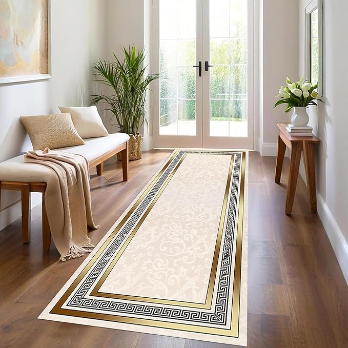 Classic Bohemian Hallway Rugs, 1.3x7ft, Western Retro Greek Key Beige Fade Resistant Hall Rug, Washable Kitchen Low-Pile Floor Carpet Runners for Bathroom Laundry
