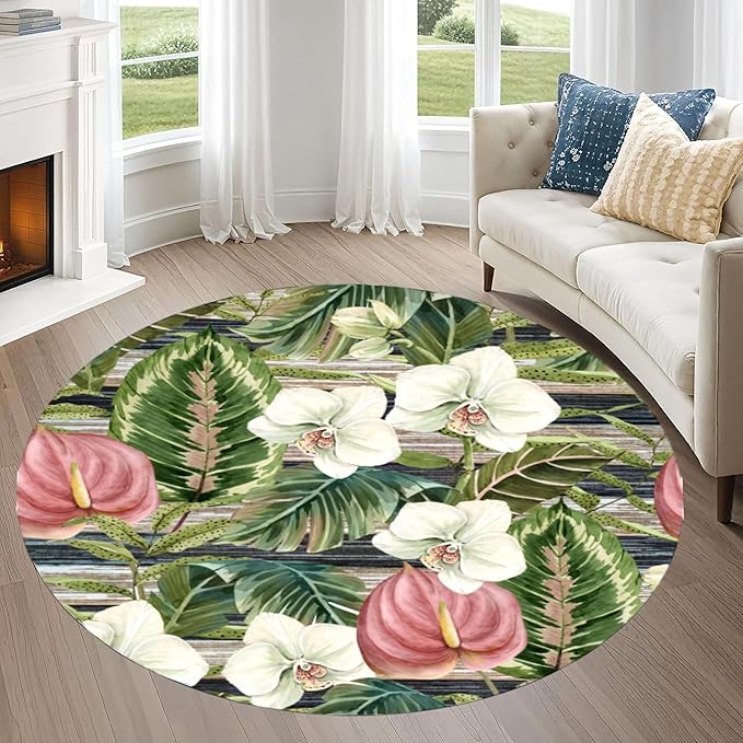5ft Round Indoor Rug Non-Shedding Machine Washable，Low Pile Non-Slip Carpet with Tropical Floral Pattern，Soft Floor Mat for Living Room, Bedroom, Mudroom Easy Clean Home Decor