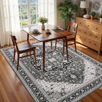 6x9 Black Grey Area Rug for Living Room, Machine Washable Rugs with Non-Slip Backing for Bedroom, Vintage Medallion Carpet Dining Room Office Kids Room Decor