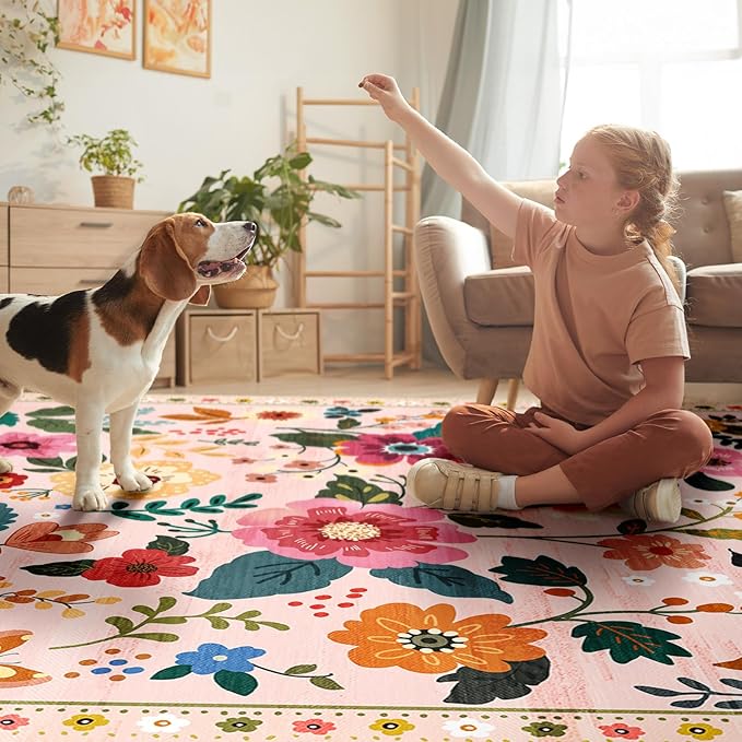 Floral 3x5 Area Rug Machine Washable Soft Print Boho Carpet Non Slip Doormat Low Pile Flower Area Rugs for Living Room Bedroom Nursery Kitchen Dining Room Indoor-Pink