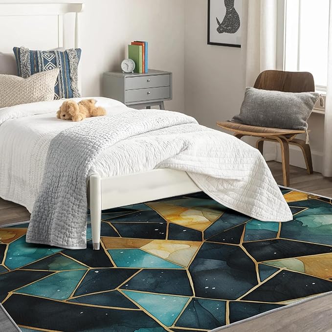 Blue and Gold Rug, 7x9 Rug, Watercolor Art Rugs for Living Room Bedroom, Luxury Large Area Rug, Washable Rug Non Slip Soft Indoor Carpet, Blue and Gold Home & Room Decor