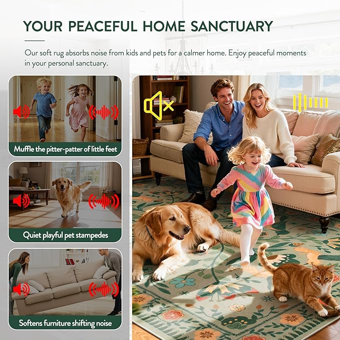 Moynesa Living Room Rug 5x7, Washable Modern Farmhouse Green Area Rugs for Bedroom Dining Room, Country Floral Bird Print Pattern Carpet, Aesthetic Home Decorations Open Floor Areas Protection
