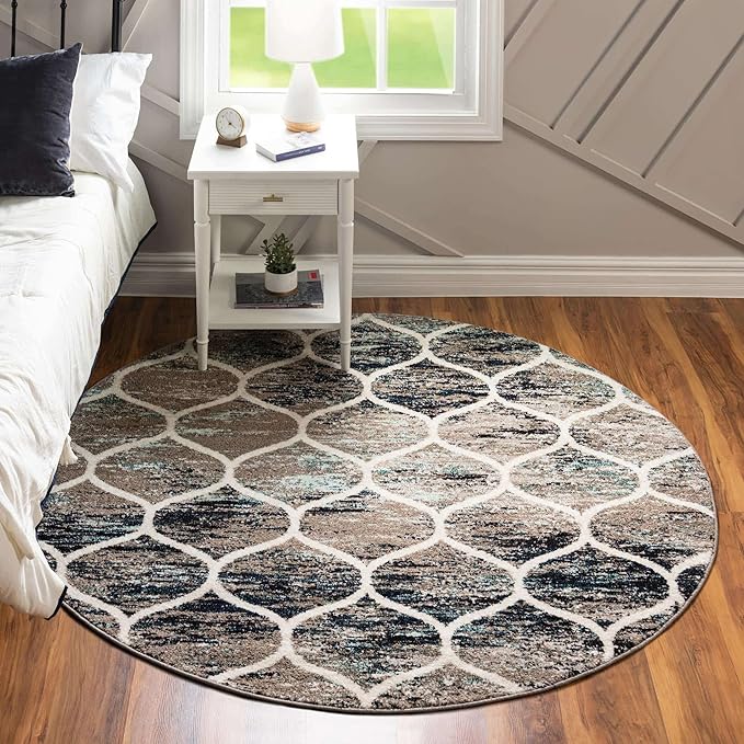 Rugs.com Lattice Frieze Collection Rug – 10' Round Blue Multi Medium Rug Perfect for Kitchens, Dining Rooms