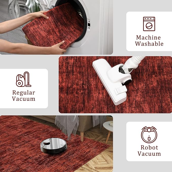 RUGSREAL Modern Runner Rug 2.5x8 Stain Resistant Washable Kitchen Runner Carpet with Rubber Backing Low Pile Contemporary Solid Color Entryway Mat Ultra Soft Rug for Living Room Bedroom, Red