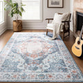 5x7 Washable Rug – Boho Non-Slip Indoor Area Rug for Living Room, Bedroom, Dining Room, Entryway –Muted Blue and Rust Distressed Pattern