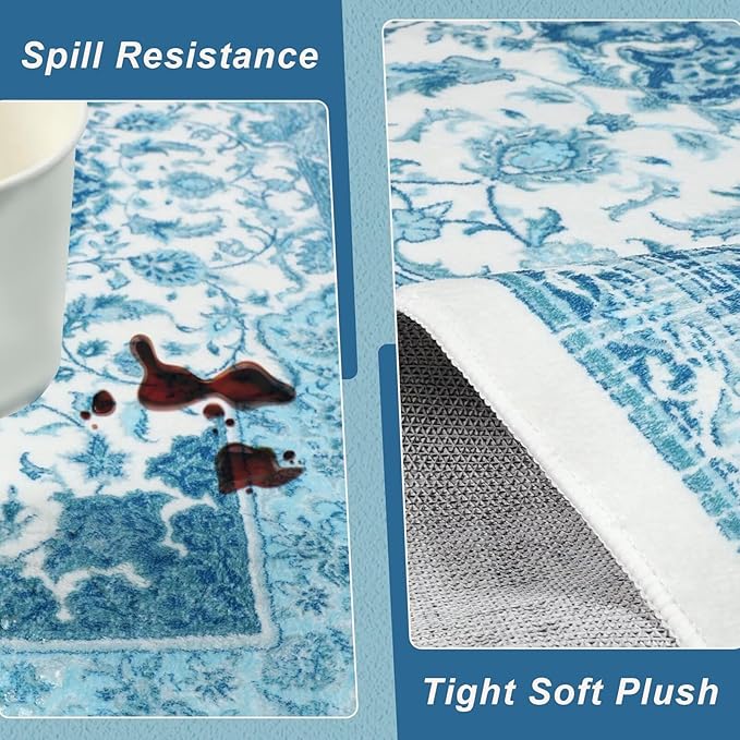 6x9 Area Rug for Bedroom, Machine Washable Rugs with Non-Slip Backing for Living Room, Large Vintage Carpet Kitchen Laundry Kids Room Decor, Celestial Blue