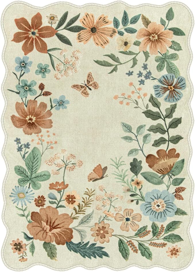 Lahome Floral Living Room Rug, 5x7 Rugs for Bedroom Ultra-Thin Soft Washable Dining Room Rug, Non Slip Stain Resistant Boho Low-Pile Throw Carpet for ‎Office (5x7ft,Beige)