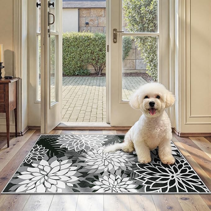 2x3 Washable Small Rug Tropical Botanical Modern Floral Indoor Chenille Door Mat Carpet Non Slip for Patio, Entry Way, Entrance, Porch, Black