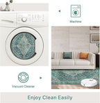 Bavni Runner Rug 2x10 Kitchen Rugs for Hallways Entryway, Washable Vintage Print Carpet, Ultra-Thin Chenille Low Pile Lightweight Rug with Non Slip Backing, Blue/Green