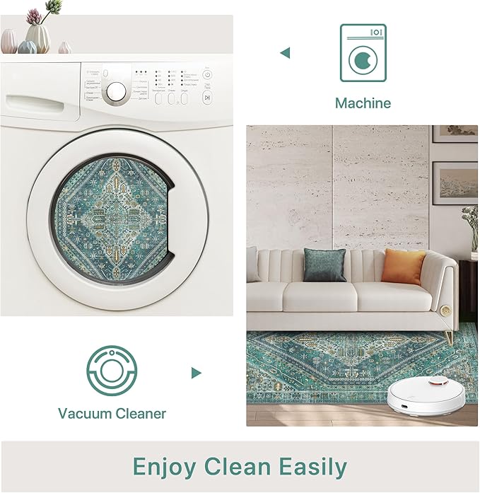 Bavni Kitchen Rug 2x7 Runner Rugs for Hallways Entryway, Washable Vintage Print Carpet, Ultra-Thin Chenille Low Pile Lightweight Rug with Non Slip Backing, Blue/Green