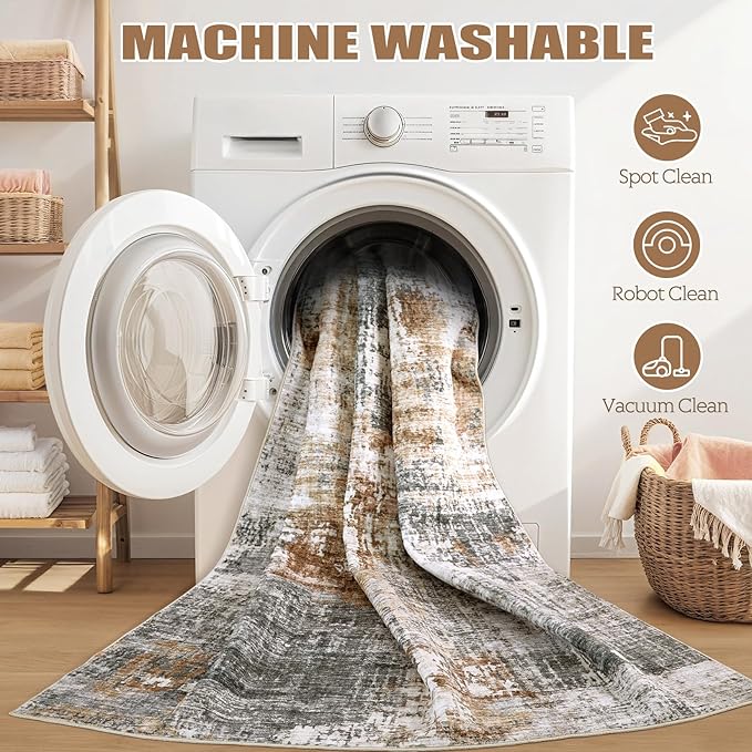 2x3 Entryway Area Rug: Washable Neutral Modern Abstract Small Rug - Non-Slip Low Pile Throw Indoor Carpet for Entrance Kitchen Front Door Mat Bathroom Entry Kids Room - Grey Brown