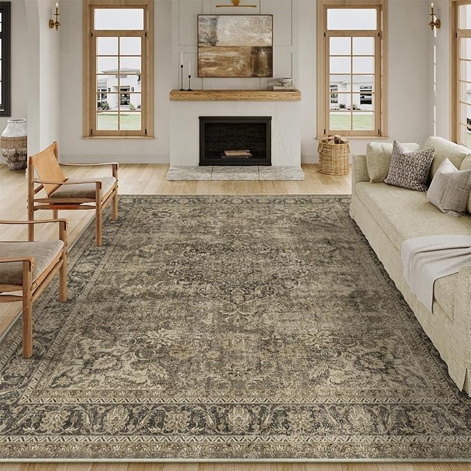 10x12 Brown Area Rug Vintage Living Room Bedroom Washable Carpet Non-Slip Soft Low Pile Distressed Indoor Large Throw Rug for Dining Room Office