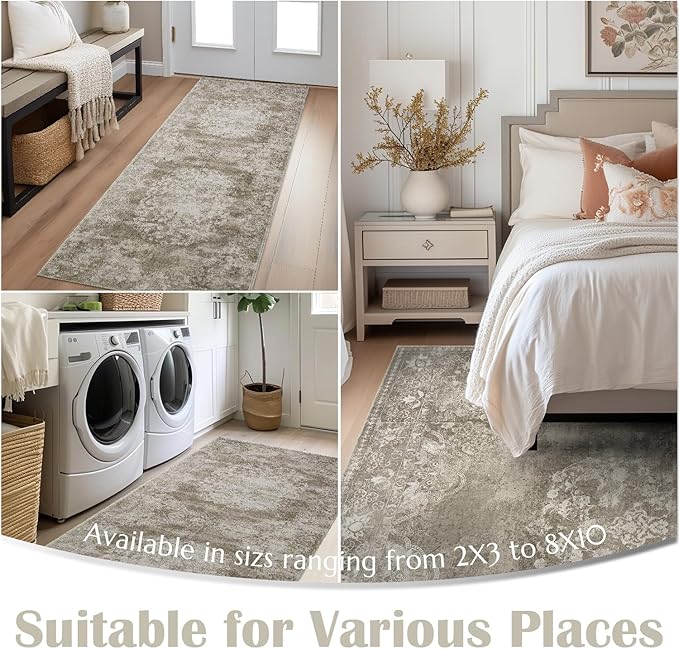jinchan Hallway Runner Rug 2x10 Vintage Floral Distressed Design - Machine Washable Non-Slip Low-Pile Soft Thin Faux Wool Kitchen Carpet for Farmhouse Bedroom Laundry Room(2x10ft, Brown)