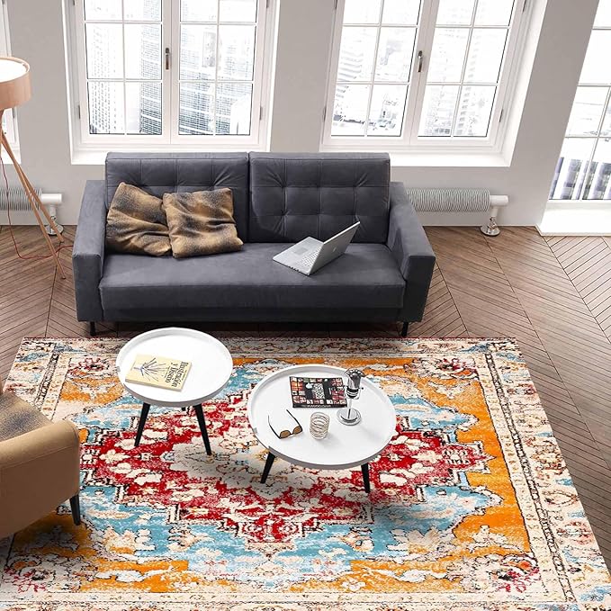 Bohemian Pattern Rectangular Area Rugs for Living Room Bedroom 2.8 x 5 ft Red & Orange Abstract Non-Shedding Soft Low Pile Rug Non Slip Washable Rug for Nursery Entryway Playroom