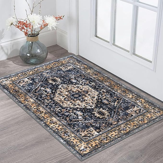 KOZYFLY Small Area Rug 2x3 Ft Rugs for Entryway Washable Boho Entry Rug Non Slip Door Mat Indoor Gold Navy Printed Faux Wool Vintage Kitchen Rug Throw Rugs for Entrance Kitchen